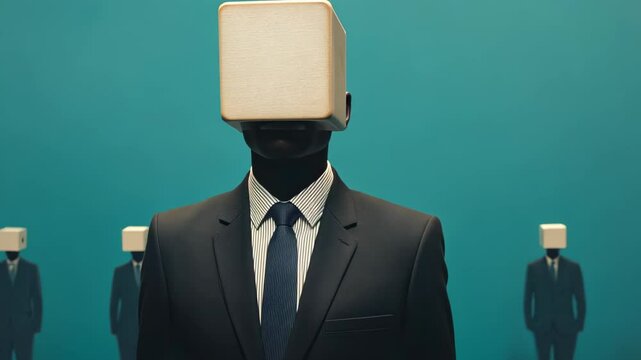 Mysterious Business Figures with TV Heads Symbolizing Modern Mind Control Concept in Surreal Minimalistic Style