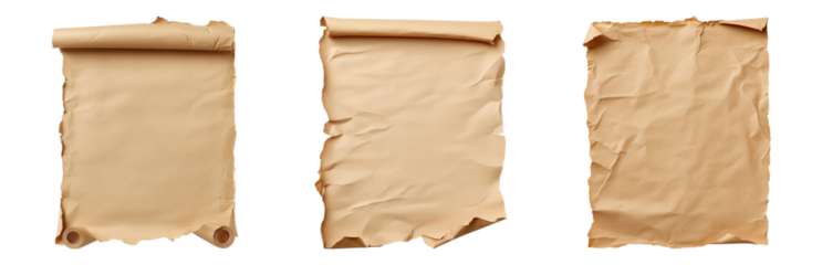 Three Different Textured Brown Paper Sheets Isolated on transparent background