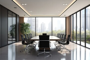 Fototapeta premium Modern conference room with sleek design and large windows. AI generated illustration.
