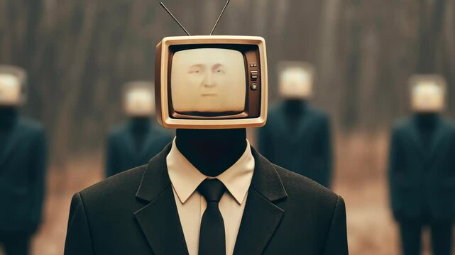 Surreal artwork featuring a man in a suit with a retro TV as a head standing focus among blurred figures muted background Concept technology conformity identity expressed symbolic dystopian imagery