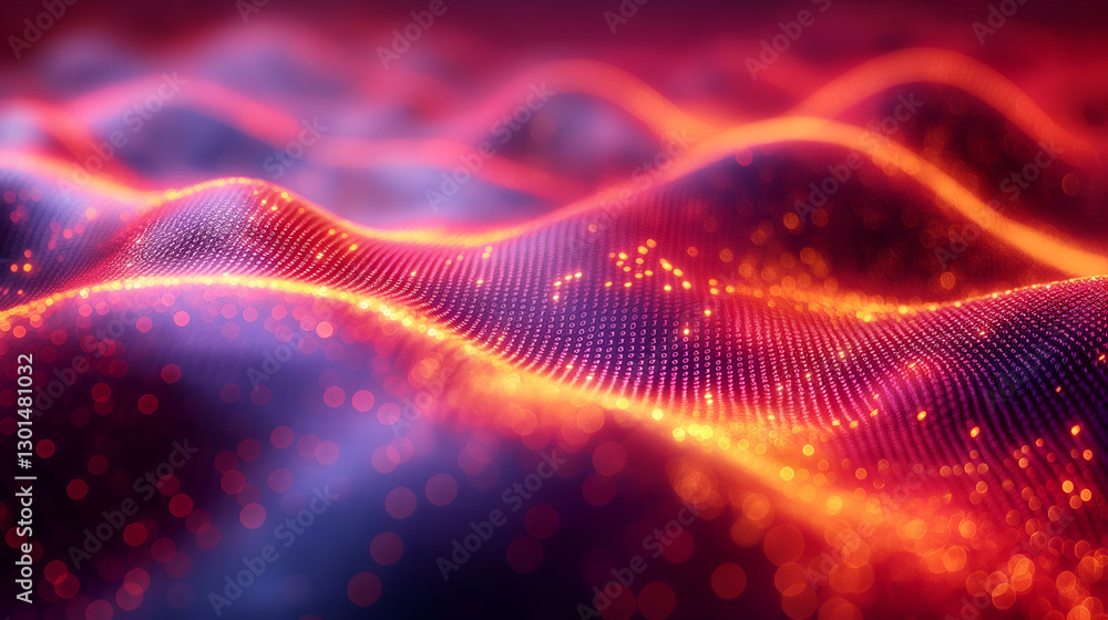 Poster red orange digital wave shiny particles, futuristic tech design with vibrant texture