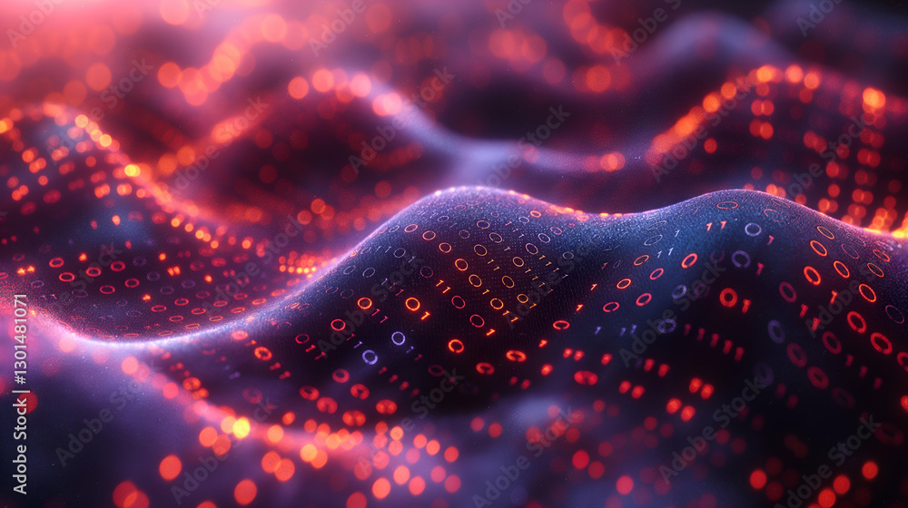 Poster red orange digital wave binary code glow, cyber future design for network science