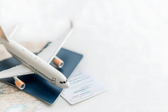 Ready for takeoff: airplane model and travel documents on a map, symbolizing journey and adventure. White background provides a clean, bright travel theme.