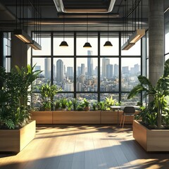 Fototapeta premium Modern coworking office with plants, city view, and daylight. AI generated illustration.