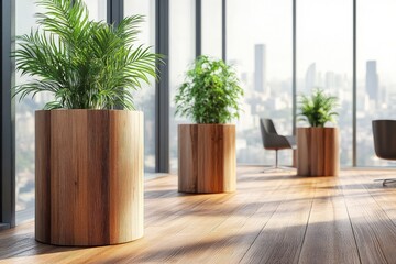 Modern coworking office with plants, city view, and daylight. AI generated illustration.