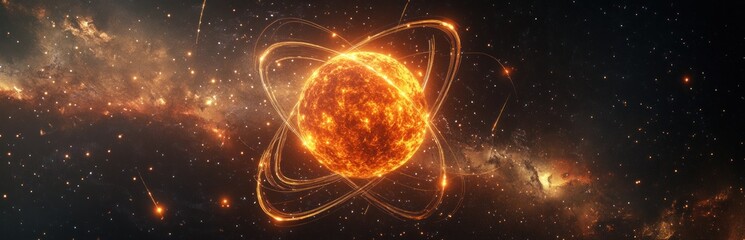 Obraz premium Fiery cosmic orb with glowing energy trails in space.