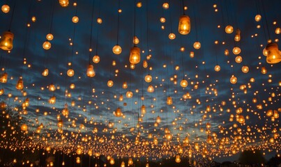 Naklejka premium Glowing lights hanging against beautiful dark sky.