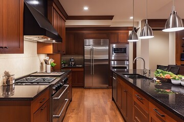 Fototapeta premium Modern dark kitchen counters closeup with sleek design. AI generated illustration.