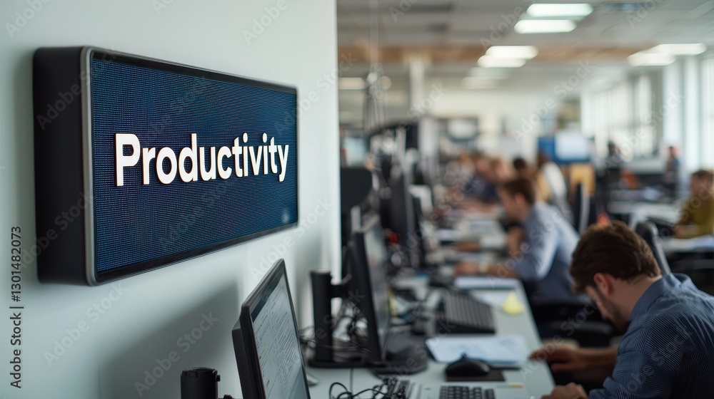 Poster a modern office scene emphasizing productivity, featuring a sign with the word 