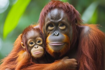 Fototapeta premium Mother orangutan embracing baby orangutan in lush green forest