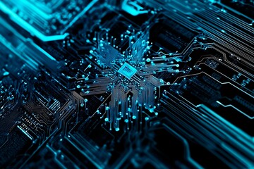Fototapeta premium Abstract close-up of a glowing blue digital circuit board, showcasing intricate connections and technological design on a black background. 