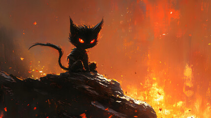 A dramatic digital painting of a dark, shadowy kitten with glowing red eyes, perched on a rock above a blazing inferno