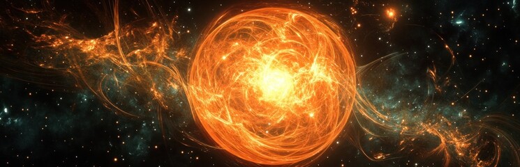 Fototapeta premium Fiery cosmic sphere in swirling nebula.