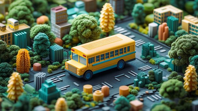 Isometric cutout of school bus surrounded by playful abstract shapes using pastel tones to convey adventure and safety with room for design elements