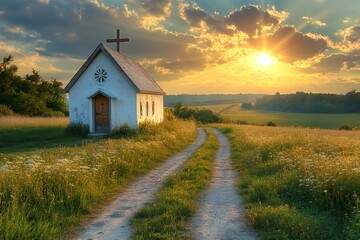 Fototapeta premium Country road leading to small church at sunset in scenic landscape