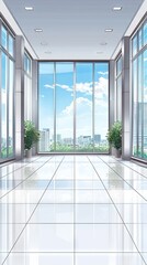 Fototapeta premium Empty modern office hallway with city view. Possible use Background for social media