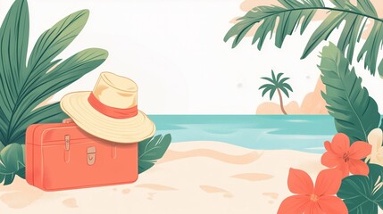 Obraz premium Summer travel setup on a sandy beach with suitcase, hat, and tropical elements for a relaxing getaway