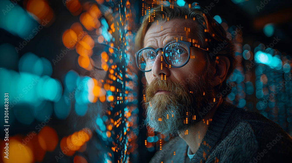 Poster man studying digital data orange teal lights, modern science network with futuristic vibes