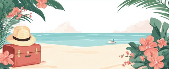Summer sea travel composition showcasing a suitcase, palm trees, summer hat, flowers, and a serene beach with a boat on the horizon