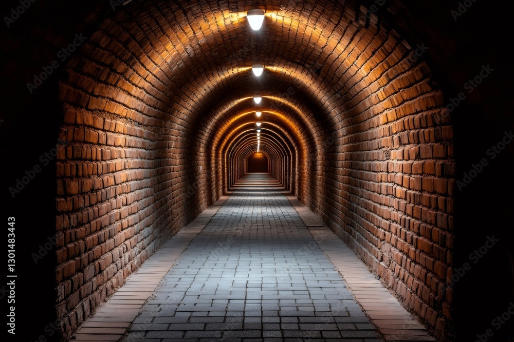Poster Long brick tunnel with cobblestone floor and lighting creating perspective effect