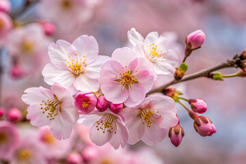 Naklejka premium Close-Up of Pink Cherry Blossoms in Full Bloom with Delicate Petals and Yellow Stamens