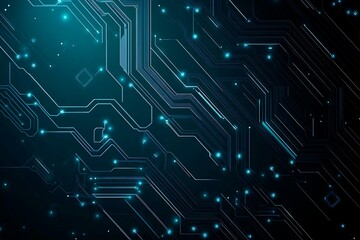 Abstract close-up of a glowing blue digital circuit board, showcasing intricate connections and technological design on a black background.
