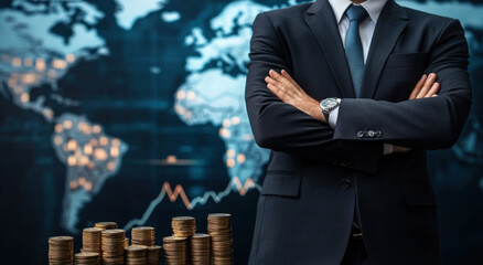 A business professional stands with arms crossed in front of a world map and a pile of coins, exuding confidence in a financial setting