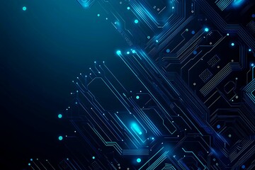 Abstract close-up of a glowing blue digital circuit board, showcasing intricate connections and technological design on a black background.
