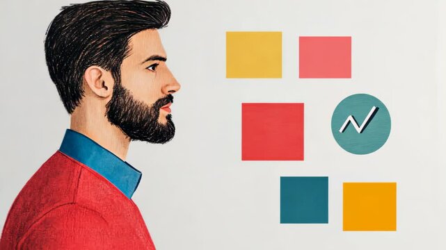 Strategic Planning and Analytics Collage Featuring Man in Profile with Geometric Shapes and Growth Icon in AR 169 Style for Business and Creative Concept Exploration