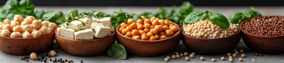 Fresh Chickpeas Tofu and Vegetables in Wooden Bowls for Natural Cooking Ingredients. Generative AI