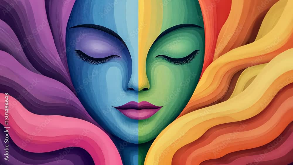 Poster psychedelic art depicting a colorful abstract face with vibrant hues and dynamic flowing patterns, e