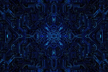 Abstract close-up of a glowing blue digital circuit board, showcasing intricate connections and technological design on a black background.

