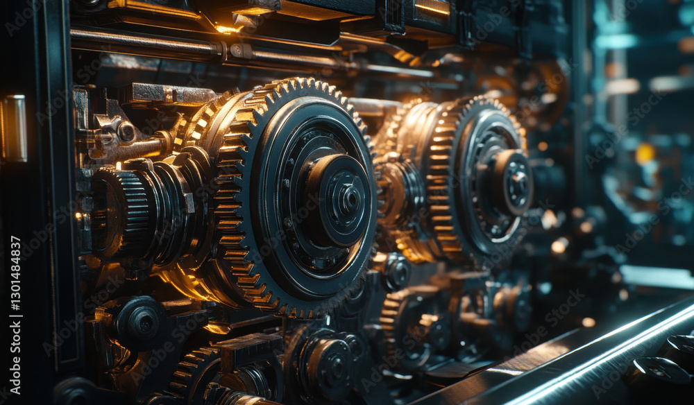 Poster gears and cogs interlock seamlessly, reflecting ambient light in an industrial environment filled wi