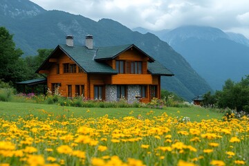 Fototapeta premium Wooden chalet nestled in blooming meadow with majestic mountain backdrop