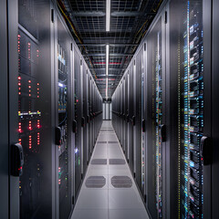 Modern Data Center Server Room with Advanced Technological Infrastructure and High Security