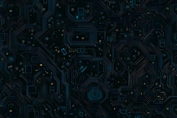 Abstract close-up of a glowing blue digital circuit board, showcasing intricate connections and technological design on a black background.
