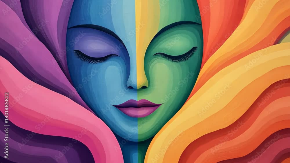 Poster psychedelic art depicting a colorful abstract face with vibrant hues and dynamic flowing patterns, e