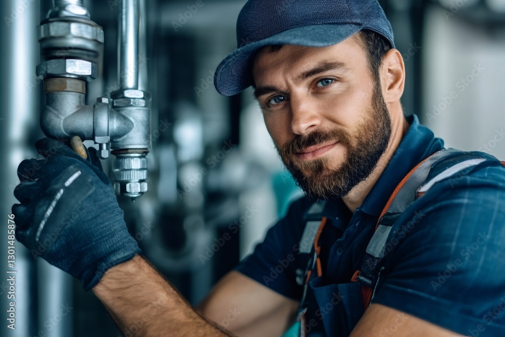 Poster Industrial worker adjusting valves on pipeline in factory