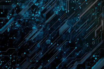 Abstract close-up of a glowing blue digital circuit board, showcasing intricate connections and technological design on a black background.
