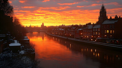 Obraz premium Winter Sunrise over City River