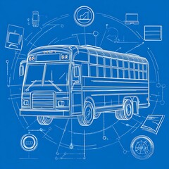 School bus design with technical blueprint and surrounding elements