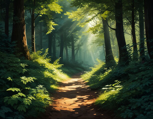 Obraz premium Serene forest path illuminated by sunlight in lush greenery 