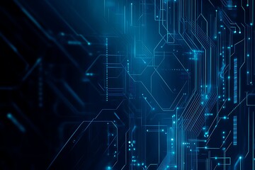 Obraz premium Abstract close-up of a glowing blue digital circuit board, showcasing intricate connections and technological design on a black background. 