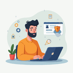 Fototapeta premium Cartoon Man Using Laptop, Online Security and Digital Privacy Illustration