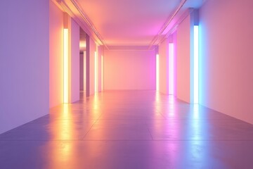 Modern empty hall illuminated with vibrant neon paints. AI generated illustration.
