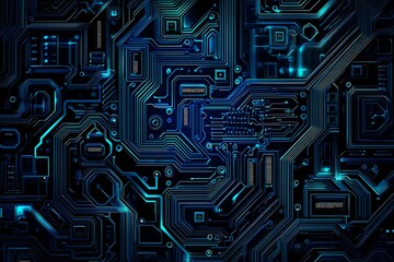 Abstract close-up of a glowing blue digital circuit board, showcasing intricate connections and technological design on a black background.
