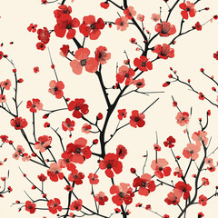 Cherry blossom branches with vibrant red flowers on a light background create a delicate and cheerful atmosphere.