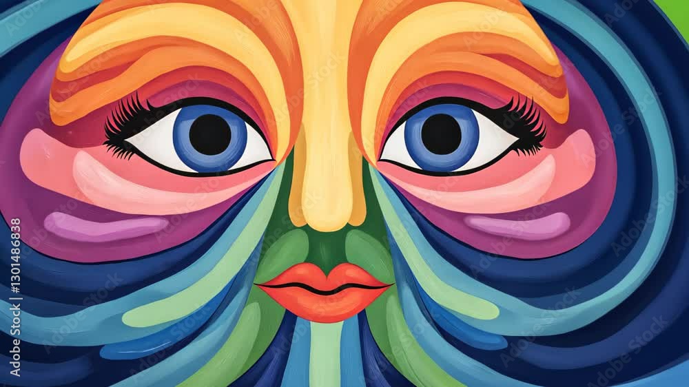 Poster vibrant psychedelic art featuring colorful abstract face with surreal eyes and hypnotic patterns in 