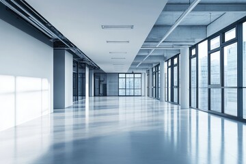 Modern empty office with minimalist design and open space. AI generated illustration.