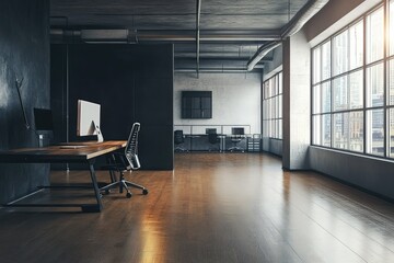 Modern empty office with minimalist design and open space. AI generated illustration.